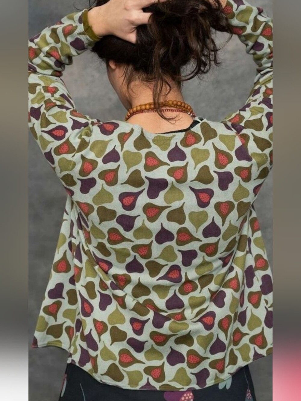 Gudrun Sjoden Olive Green Patterned Long Sleeve Top with Purple and Red Accents